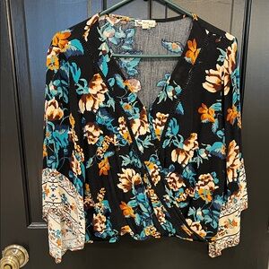Anthropologie Black Floral Wrap Blouse